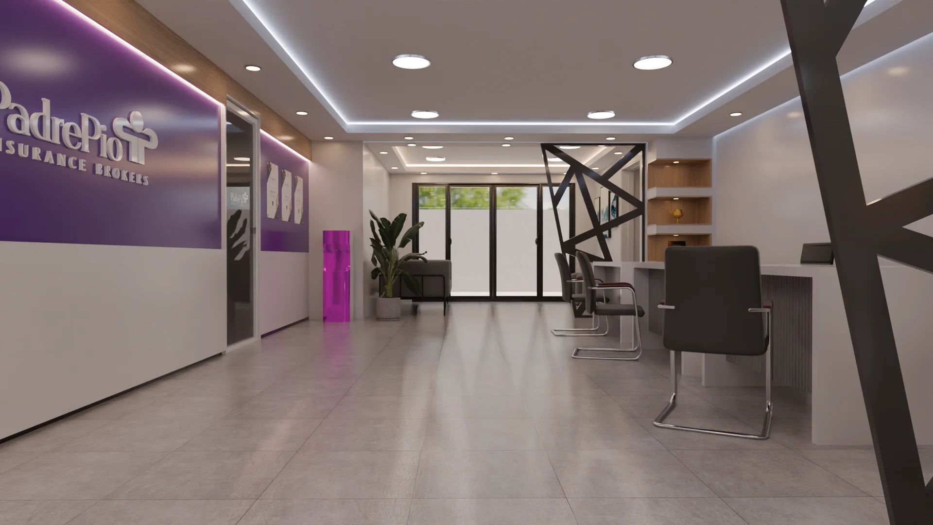 Open plan service floor with brand wall